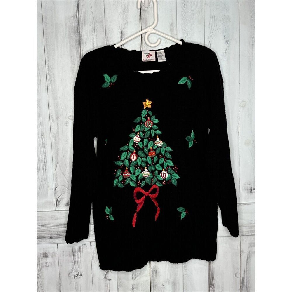 Vintage Nutcracker Brand Ugly Christmas Tree Crewel‎ Embroidered Black Sweater M